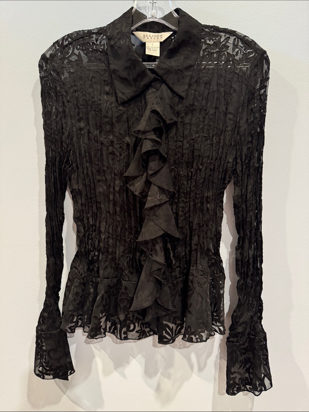 Vintage 1990s Allison Taylor black sheer lace blouse features dramatic ruffles